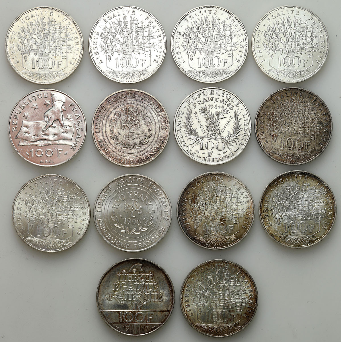 Francja. 100 franków 1982-1991, zestaw 14 monet